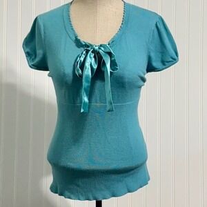 Apt 9 Teal Blue Knit Top Satin Tie Front Puff Sleeve Coquette Y2K Style Medium